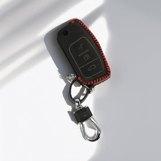 PU 3D Black Leather Car Key Case for Ford Fiesta | Figo | Eco-Sport | Aspire | Freestyle Flip Key only. (3 Button Flip Key)