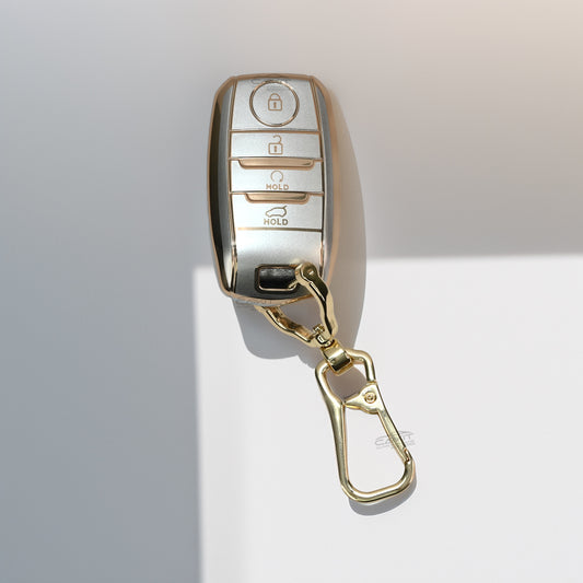 TPU White Gold Key Cover For Kia: Seltos, Sonet, Carens, Seltos X-line 4 button smart key