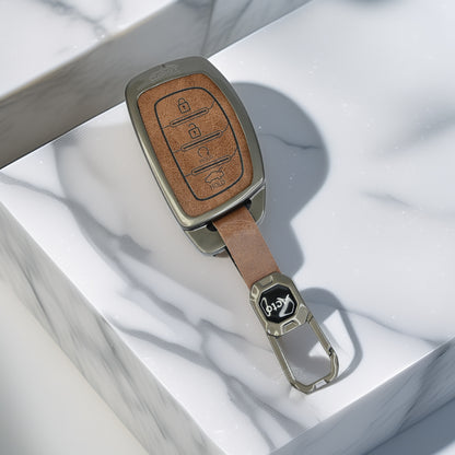 Metal Leather Brown Car Key Cover For Hyundai: Alcazar, Creta 2021 onwards 4 button smart key
