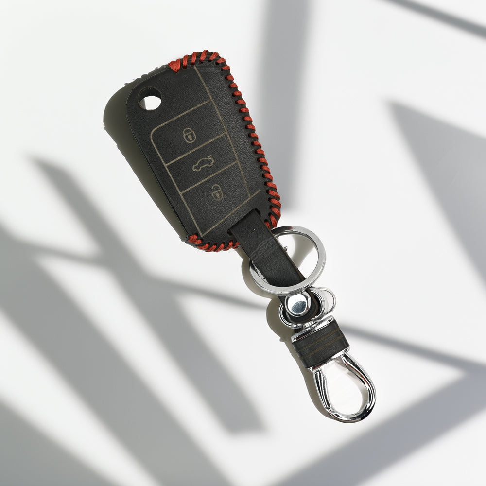 PU 3D Black Leather Car Key Cover For Skoda Virtus, Tiguan, Jetta, Slavia, Kodiaq, Kushaq, Karoq, Octavia And Volkswagen Virtus, Tiguan, T-Roc, Taigun, Jetta, Octavia, Karoq, Superb, Kodiaq, Slavia Flip Key