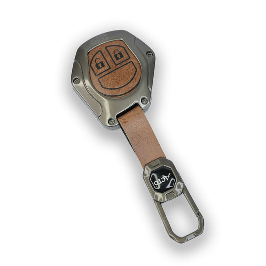 Metal Leather Brown Car Key Cover For Maruti Suzuki: Swift, Dzire, WagonR, Brezza, Grand Vitara, Fronx, Jimny, XL6, Ignis, Ertiga, Baleno, Vitara Brezza, Celerio, Alto, Ciaz, S-Cross – 2 Button Remote Key