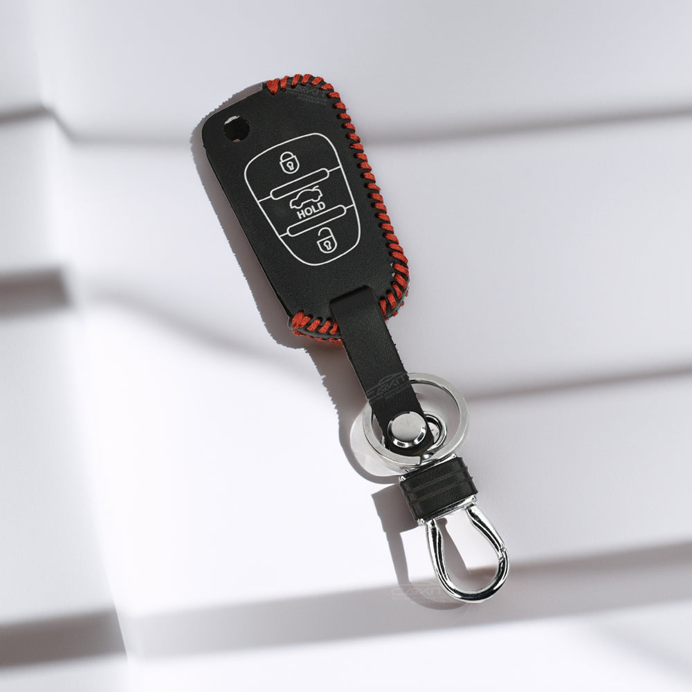 PU 3D Black Leather Key Cover For Hyundai: Creta, Venue, Tucson, Alcazar, I20, Grand I10, Aura, Xcent, Exter 3 button flip key