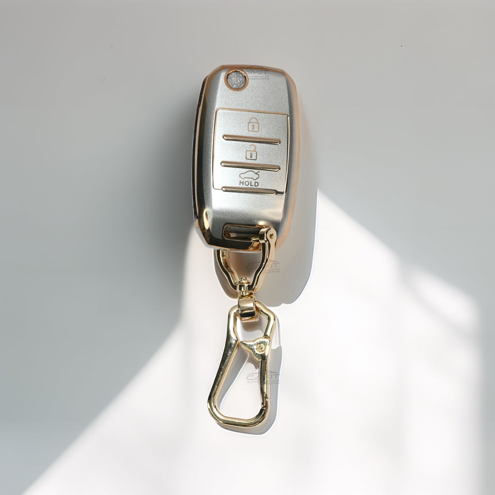 TPU White Gold Car Key Cover For Kia: Seltos, Sonet, Carens 3 Button Flip Key