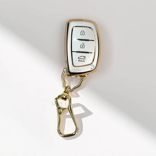 TPU White Gold Car Key Cover For Hyundai: i20, Creta, Venue, Tucson, Alcazar, Verna, Xcent, Aura, Elantra 3 button smart key