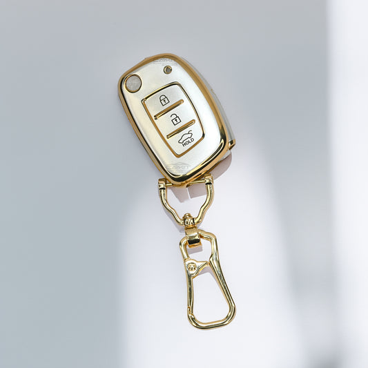 TPU White Gold Key Cover For Hyundai: Creta, Venue, Tucson, Alcazar, I20, Grand I10, Aura, Xcent, Exter 3 button flip key