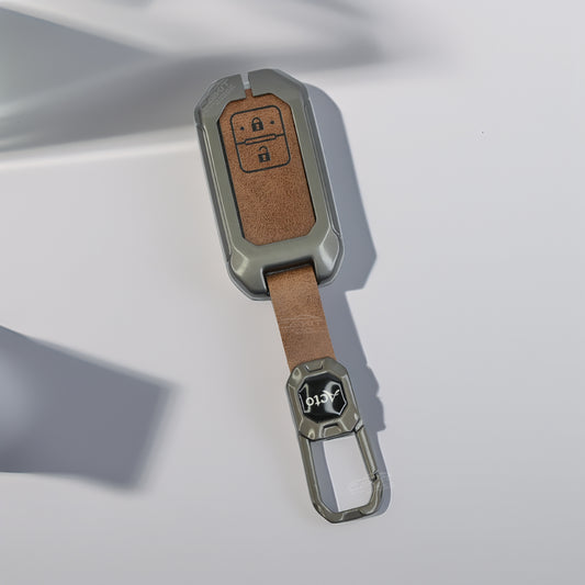 Metal Leather Brown Car Key Cover For Suzuki : Swift, DZire, Baleno, Ertiga, Grand Vitara, Brezza, Fronx, Jimny XL6, Ignis, Toyota: Glanza, Urban Cruiser Hyryder, Rumion 2 button smart key.
