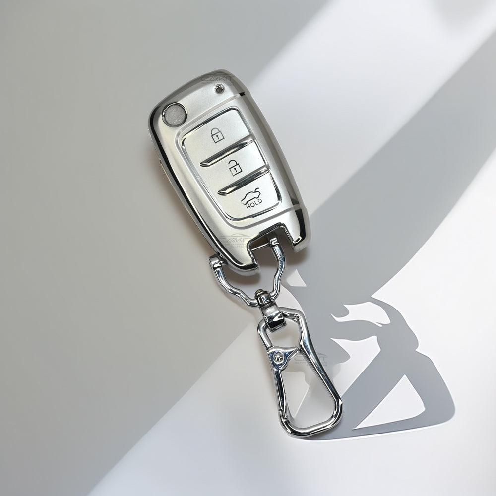 TPU Silver Car Key Cover For Hyundai: i20, Kona, Verna 2018 Onwards 3 button flip key