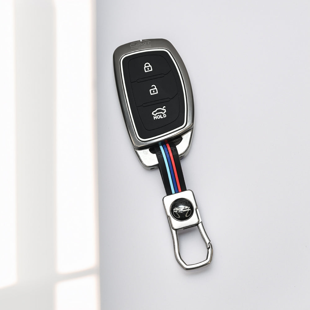 Metal Silicone Car Key Cover For Hyundai: i20, Creta, Venue, Tucson, Alcazar, Verna, Xcent, Aura, Elantra 3 button smart key