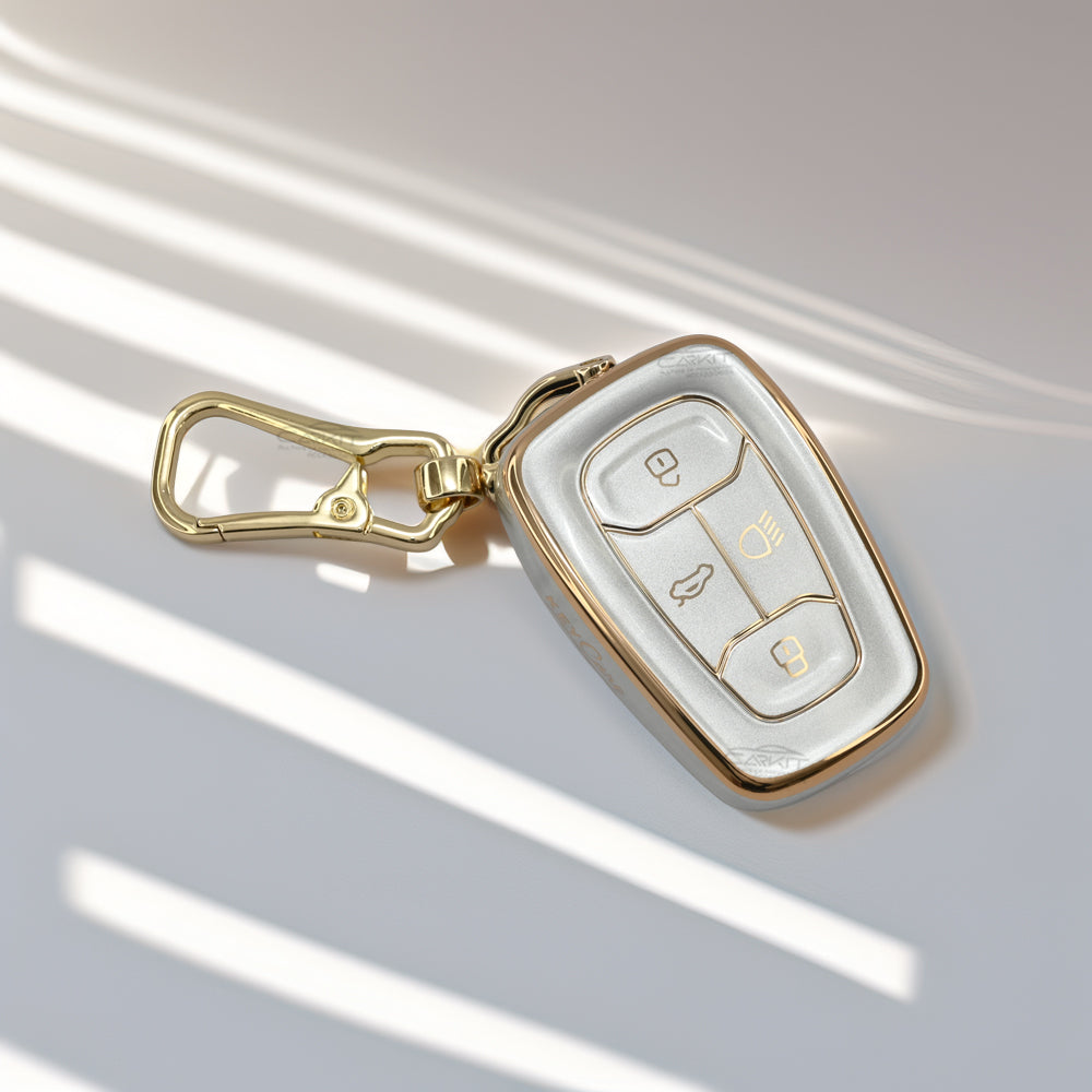 Tpu White Gold Car Key Cover For Tata: Nexon, Harrier, Tigor BS6, Tigor EV, Safari 2021, Altroz, Safari Gold, Gravitas, Punch 4 button smart key