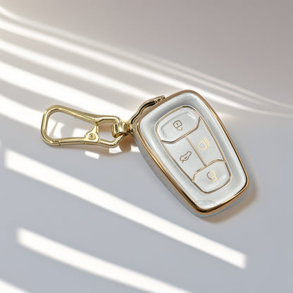 Tpu White Gold Car Key Cover For Tata: Nexon, Harrier, Tigor BS6, Tigor EV, Safari 2021, Altroz, Safari Gold, Gravitas, Punch 4 button smart key