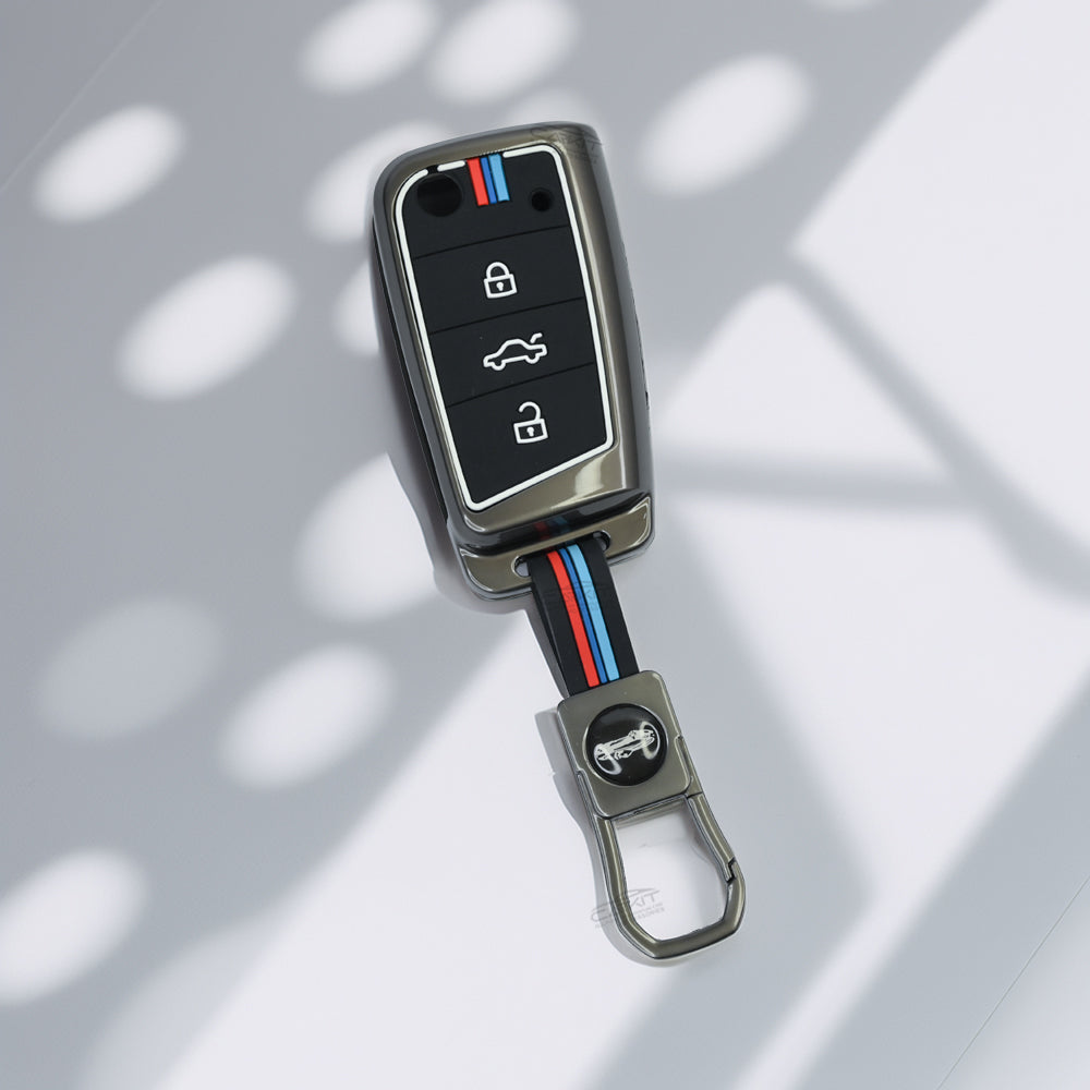 Metal Silicone Key Cover For Skoda Virtus, Tiguan, Jetta, Slavia, Kodiaq, Kushaq, Karoq, Octavia And Volkswagen Virtus, Tiguan, T-Roc, Taigun, Jetta, Octavia, Karoq, Superb, Kodiaq, Slavia Flip Key