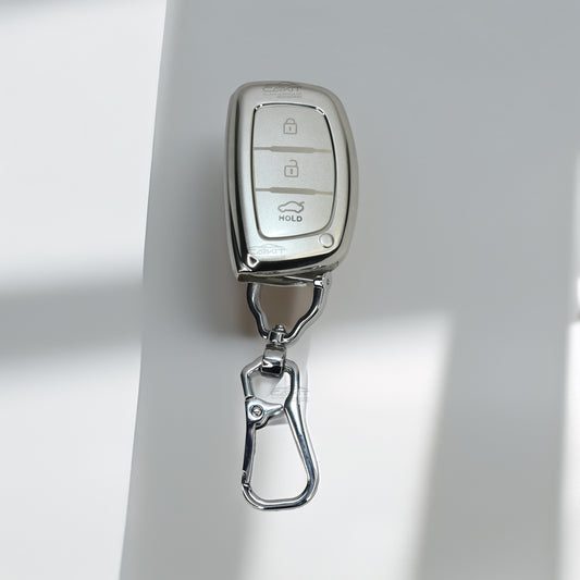 TPU Silver Car Key Cover For Hyundai: i20, Creta, Venue, Tucson, Alcazar, Verna, Xcent, Aura, Elantra 3 button smart key