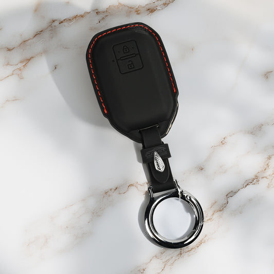 PU 3D Black Leather Car Key Cover For  Suzuki : Swift, DZire, Baleno, Ertiga, Grand Vitara, Brezza, Fronx, Jimny XL6, Ignis, Toyota: Glanza, Urban Cruiser Hyryder, Rumion 2 button smart key.