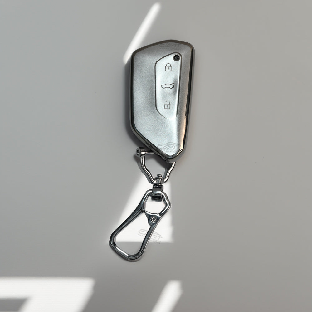 TPU Silver Car key Cover For Skoda Octavia 2021 onwards And Volkswagen Virtus 3 Button Smart Key