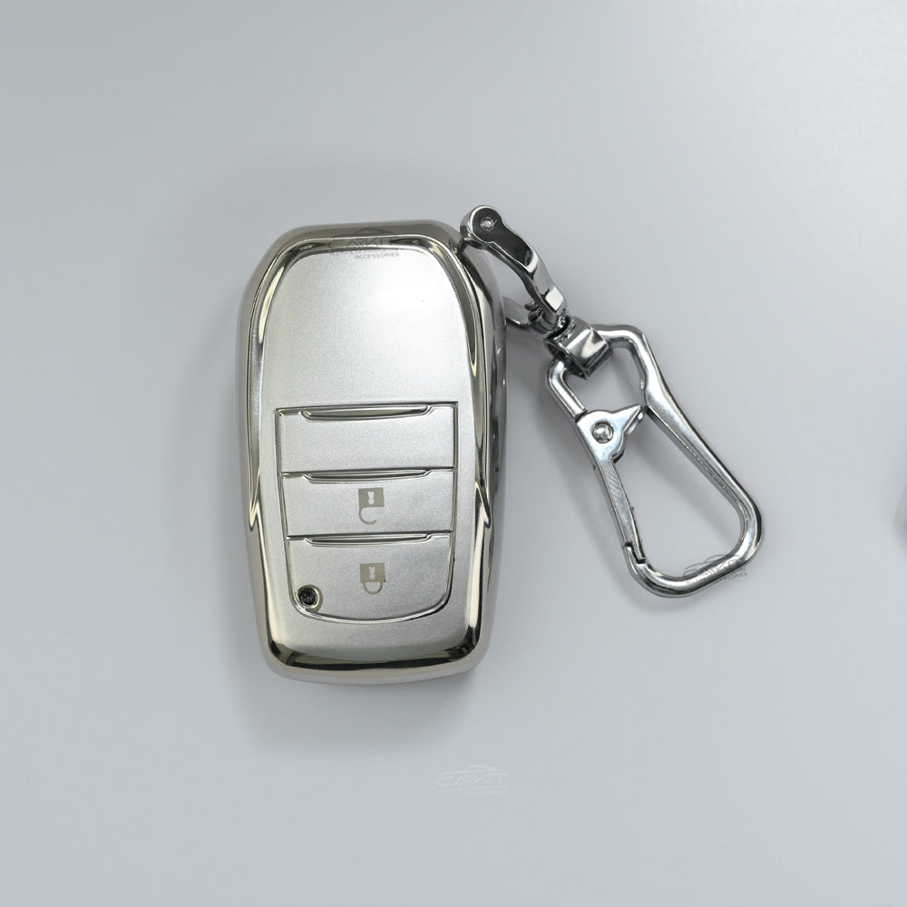 TPU SIlver Key Cover For Toyota: Innova Crysta, Innova HyCross, Hilux 2 button smart key.