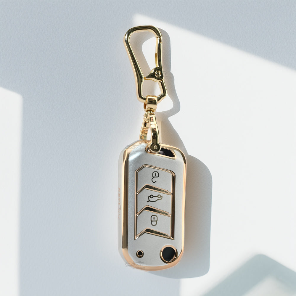 TPU White Gold Car Key Cover For Mahindra: Thar, Bolero, Scorpio, XUV700, XUV400, XUV3x0, XUV300, TUV300, Marazzo 3 button flip key