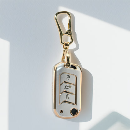 TPU White Gold Car Key Cover For Mahindra: Thar, Bolero, Scorpio, XUV700, XUV400, XUV3x0, XUV300, TUV300, Marazzo 3 button flip key