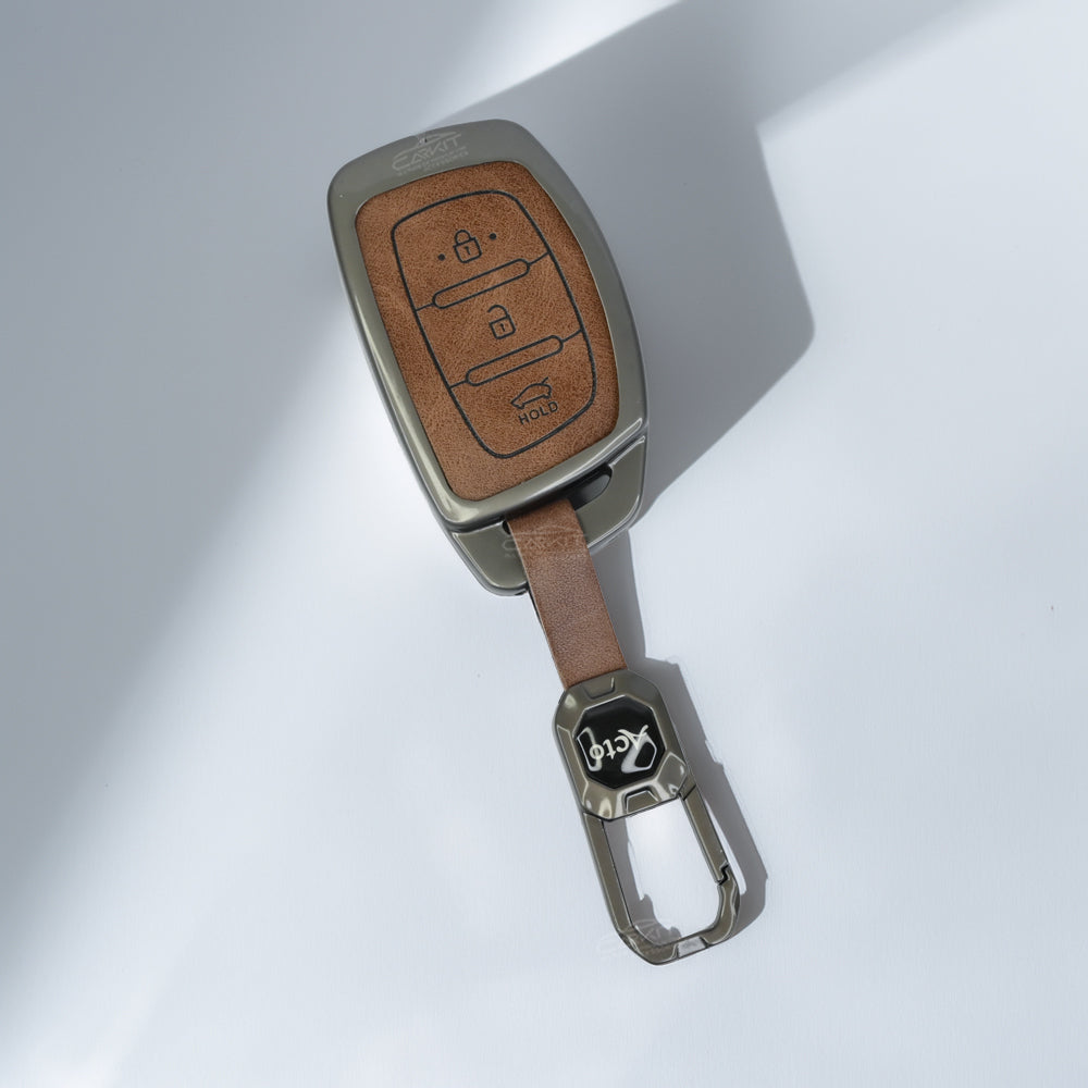 Metal Leather Brown Car Key Cover For Hyundai: i20, Creta, Venue, Tucson, Alcazar, Verna, Xcent, Aura, Elantra 3 button smart key