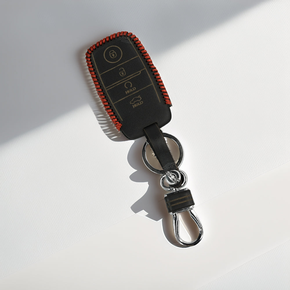 PU 3D Black Leather Car Key Cover For Kia: Seltos, Sonet, Carens, Seltos X-line 4 button smart key