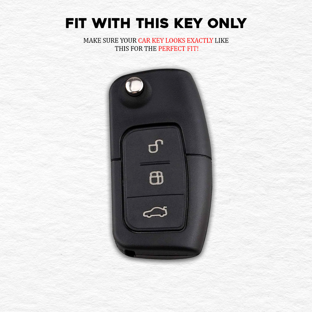 PU 3D Black Leather Car Key Case for Ford Fiesta | Figo | Eco-Sport | Aspire | Freestyle Flip Key only. (3 Button Flip Key)