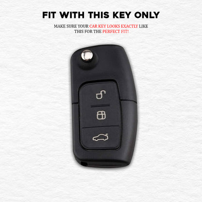 PU 3D Black Leather Car Key Case for Ford Fiesta | Figo | Eco-Sport | Aspire | Freestyle Flip Key only. (3 Button Flip Key)