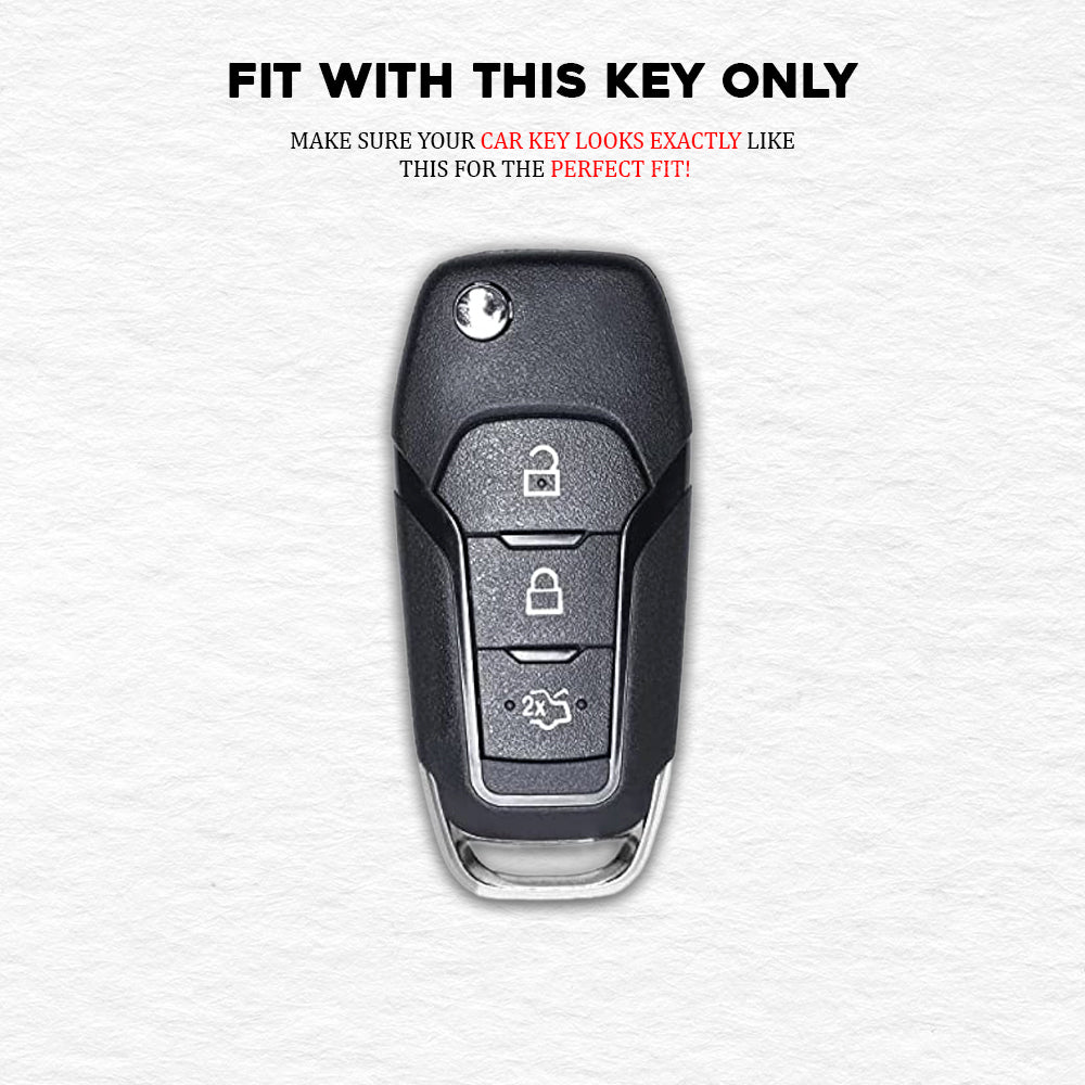 PU 3D Black Leather Car Key Case for Ford New Ecosport | Endeavor | Freestyle | Aspire | Figo | New Fiesta 3 Button Flip Key