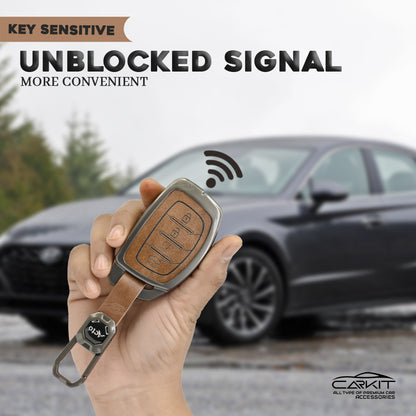 Metal Leather Brown Car Key Cover For Hyundai: Alcazar, Creta 2021 onwards 4 button smart key