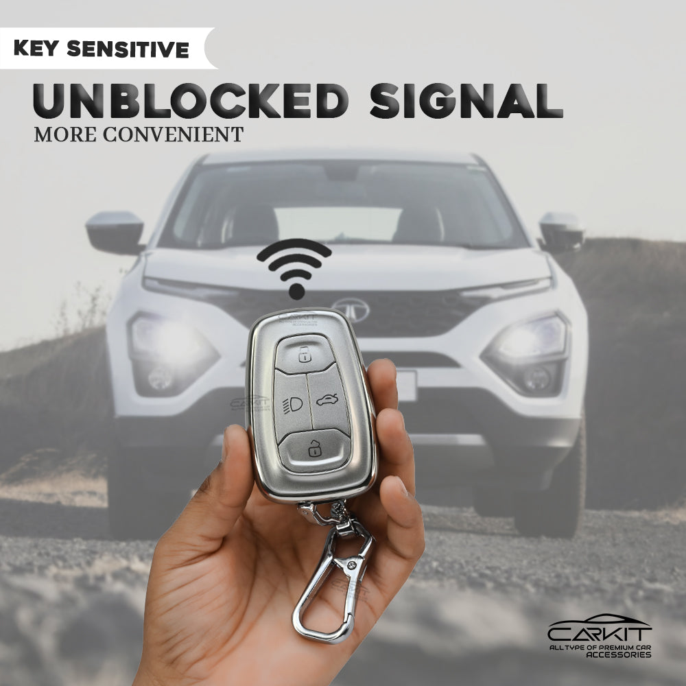 TPU SIlver Car Key Cover For Tata: Nexon, Harrier, Tigor BS6, Tigor EV, Safari 2021, Altroz, Safari Gold, Gravitas, Punch 4 button smart key