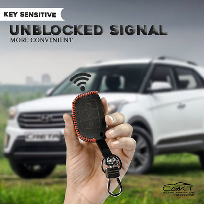 PU 3D Black Leather Key Cover For Hyundai: Creta, Venue, Tucson, Alcazar, I20, Grand I10, Aura, Xcent, Exter 3 button flip key