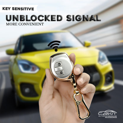 PU 3D White Gold Car Key Cover For Maruti Suzuki: Swift, Dzire, WagonR, Brezza, Grand Vitara, Fronx, Jimny, XL6, Ignis, Ertiga, Baleno, Vitara Brezza, Celerio, Alto, Ciaz, S-Cross – 2 Button Remote Key