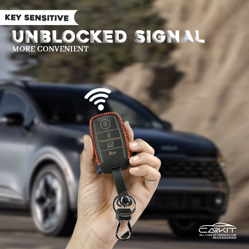 PU 3D Black Leather Car Key Cover For Kia: Seltos, Sonet, Carens, Carnival 4 Button Smart Key