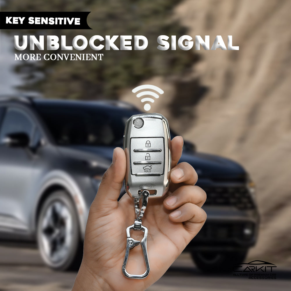 TPU Silver Car Key Cover For Kia: Seltos, Sonet, Carens 3 Button Flip Key
