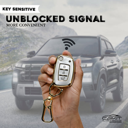 TPU White Gold Key Cover For Hyundai: Creta, Venue, Tucson, Alcazar, I20, Grand I10, Aura, Xcent, Exter 3 button flip key