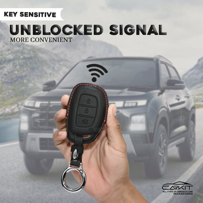 PU 3D Leather Black Key Cover For Hyundai: i20, Creta, Venue, Tucson, Alcazar, Verna, Xcent, Aura, Elantra 3 button smart key