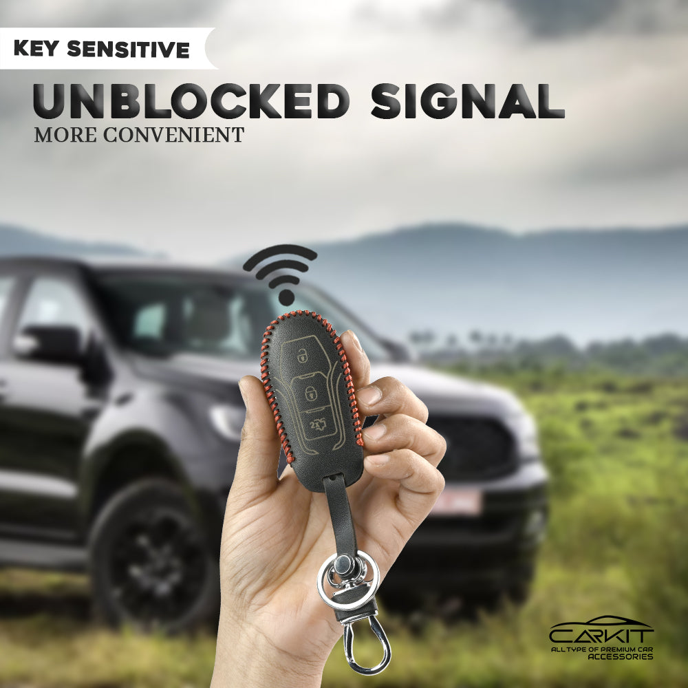 PU 3D Black Leather Car Key Case for Ford New Ecosport | Endeavor | Freestyle | Aspire | Figo | New Fiesta 3 Button Flip Key