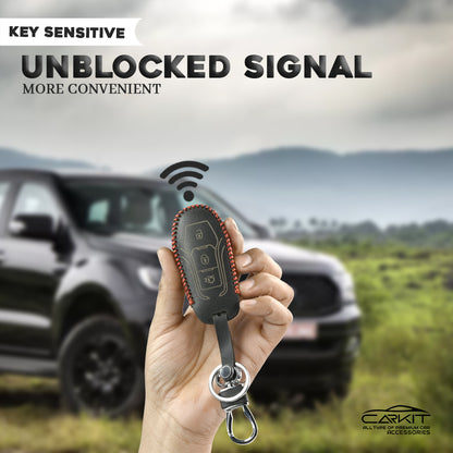 PU 3D Black Leather Car Key Case for Ford New Ecosport | Endeavor | Freestyle | Aspire | Figo | New Fiesta 3 Button Flip Key