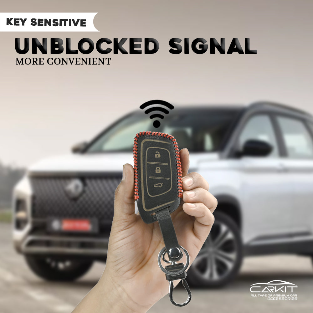 PU 3D Black Leather Car Key Cover For MG: MG Hector 3 Button smart key