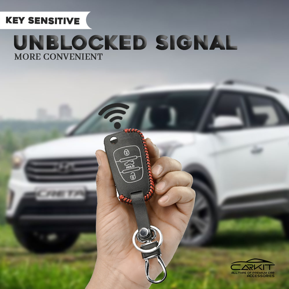 PU 3D Black Leather Key Cover For Hyundai: Creta, Venue, Tucson, Alcazar, I20, Grand I10, Aura, Xcent, Exter 3 button flip key