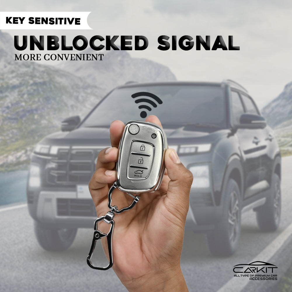 TPU Silver Key Cover For Hyundai: Creta, Venue, Tucson, Alcazar, I20, Grand I10, Aura, Xcent, Exter 3 button flip key