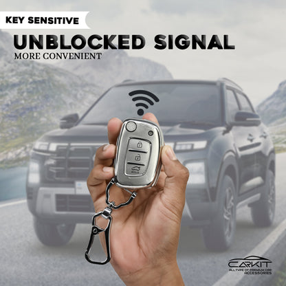 TPU Silver Key Cover For Hyundai: Creta, Venue, Tucson, Alcazar, I20, Grand I10, Aura, Xcent, Exter 3 button flip key
