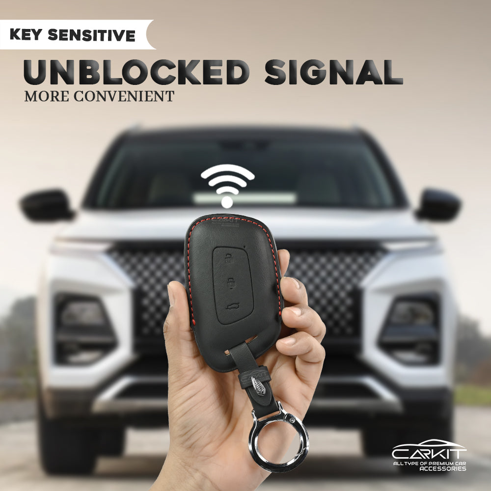 PU 3D Black Leather Car Key Cover For MG: MG Hector 3 Button smart key
