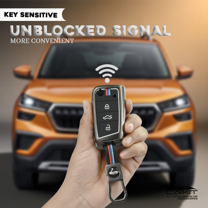 Metal Silicone Key Cover For Skoda Virtus, Tiguan, Jetta, Slavia, Kodiaq, Kushaq, Karoq, Octavia And Volkswagen Virtus, Tiguan, T-Roc, Taigun, Jetta, Octavia, Karoq, Superb, Kodiaq, Slavia Flip Key