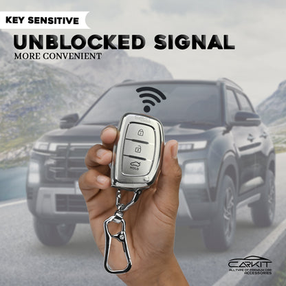 TPU Silver Car Key Cover For Hyundai: i20, Creta, Venue, Tucson, Alcazar, Verna, Xcent, Aura, Elantra 3 button smart key
