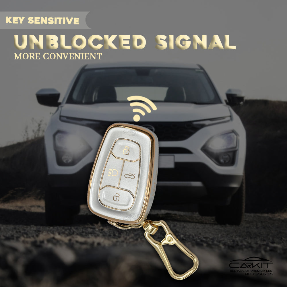 Tpu White Gold Car Key Cover For Tata: Nexon, Harrier, Tigor BS6, Tigor EV, Safari 2021, Altroz, Safari Gold, Gravitas, Punch 4 button smart key