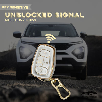 Tpu White Gold Car Key Cover For Tata: Nexon, Harrier, Tigor BS6, Tigor EV, Safari 2021, Altroz, Safari Gold, Gravitas, Punch 4 button smart key