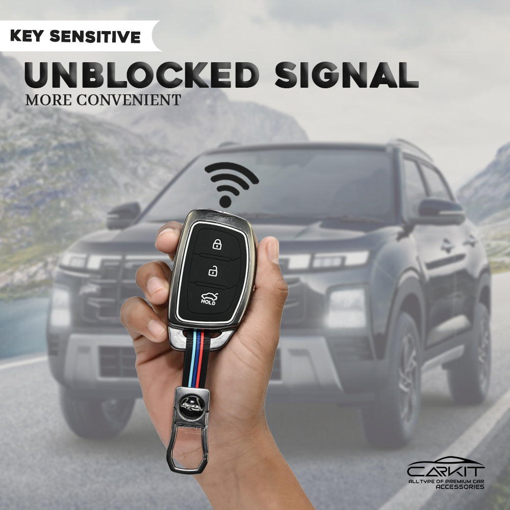 Metal Silicone Car Key Cover For Hyundai: i20, Creta, Venue, Tucson, Alcazar, Verna, Xcent, Aura, Elantra 3 button smart key