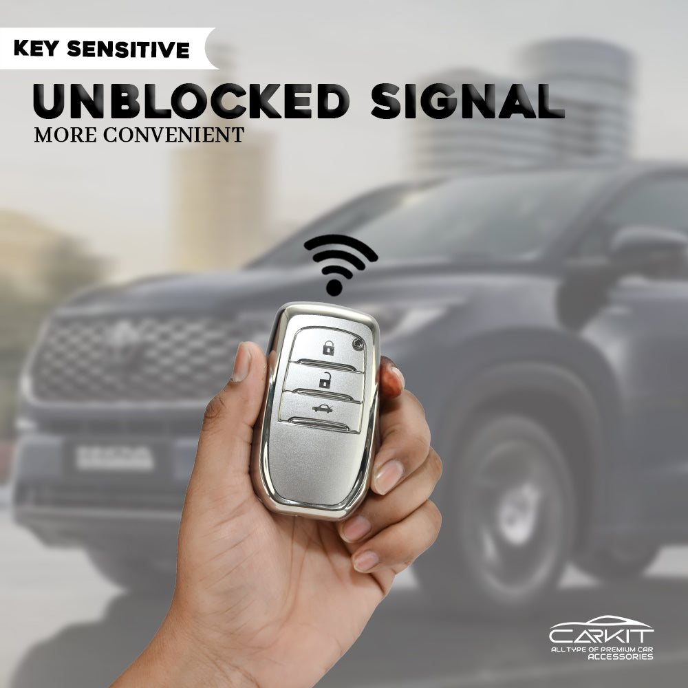 TPU Silver Key Cover For Toyota: Innova, Fortuner, Legender, Land Cruiser, Suzuki Invicto 3 button smart key.