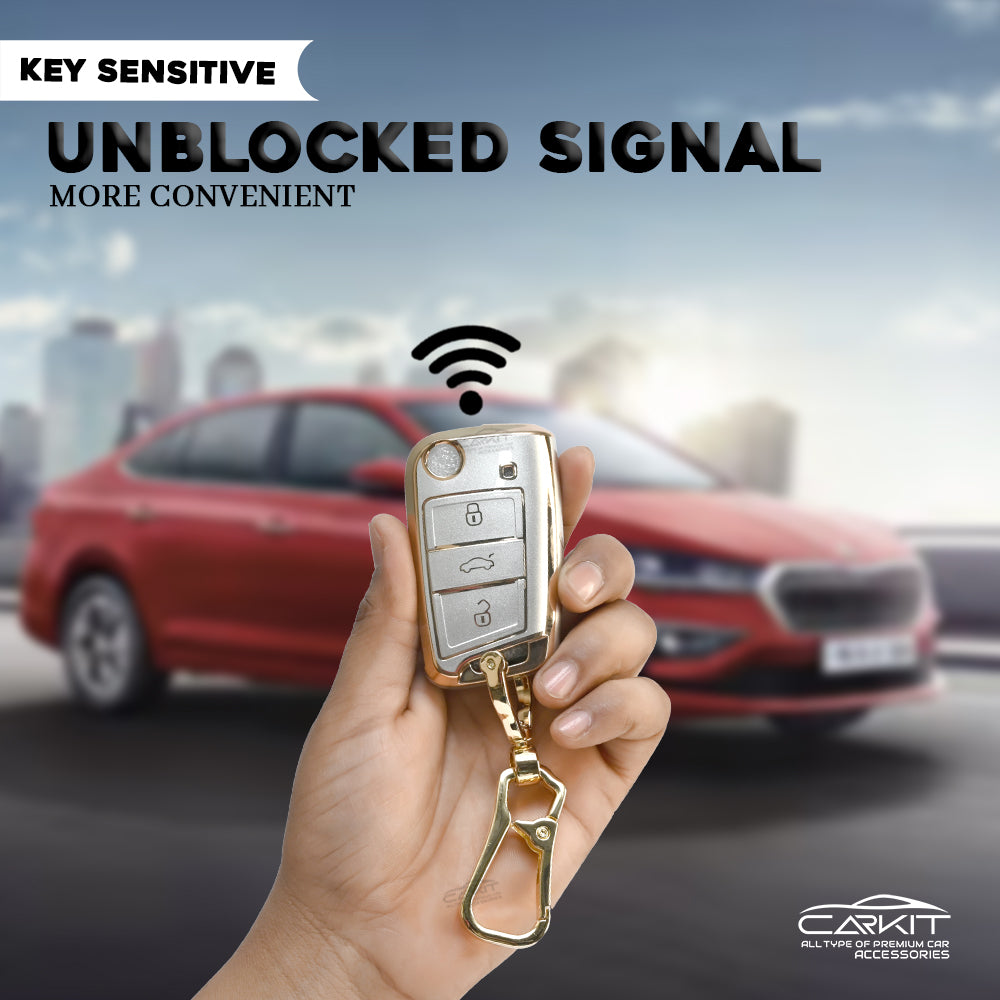 TPU White Gold Car key Cover For  Skoda Virtus, Tiguan, Jetta, Slavia, Kodiaq, Kushaq, Karoq, Octavia And Volkswagen Virtus, Tiguan, T-Roc, Taigun, Jetta, Octavia, Karoq, Superb, Kodiaq, Slavia Flip Key