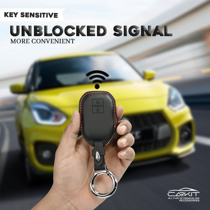 PU 3D Black Leather Car Key Cover For  Suzuki : Swift, DZire, Baleno, Ertiga, Grand Vitara, Brezza, Fronx, Jimny XL6, Ignis, Toyota: Glanza, Urban Cruiser Hyryder, Rumion 2 button smart key.