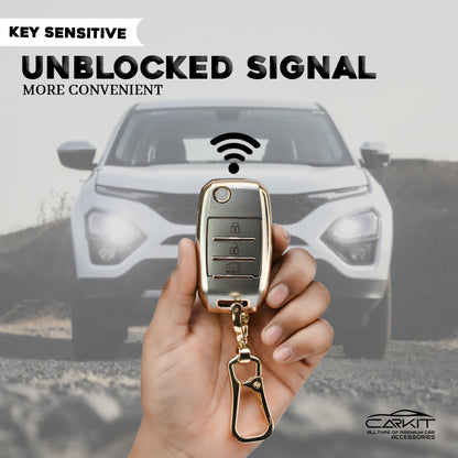 TPU White Gold Car Key Cover For Kia: Seltos, Sonet, Carens 3 Button Flip Key